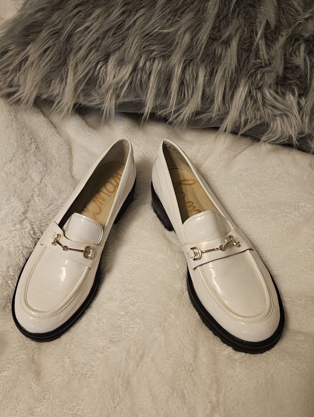 White Chunky Loafers, Patent Leather-Sam Edelman W/ Gold Snaffle Bit